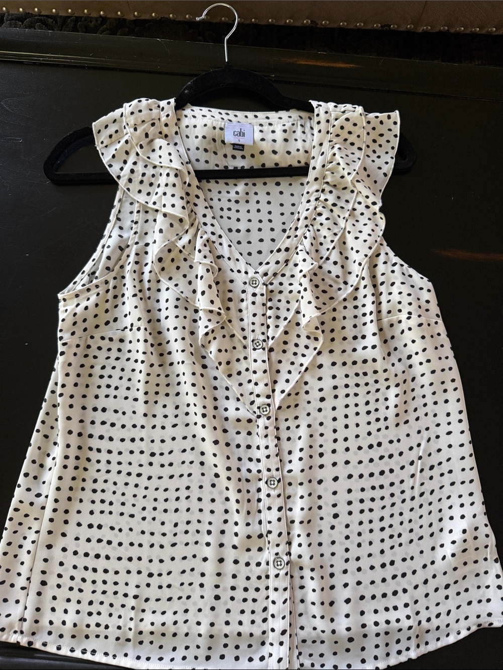 CAbi White and Black/navy Polka Dot Ruffle V-Neck Sleeveless Blouse